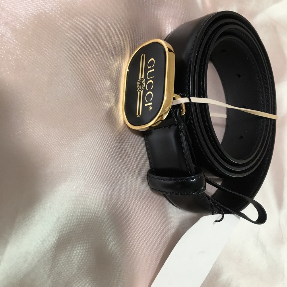 New Gucci print calf black leather buckle belt size 42